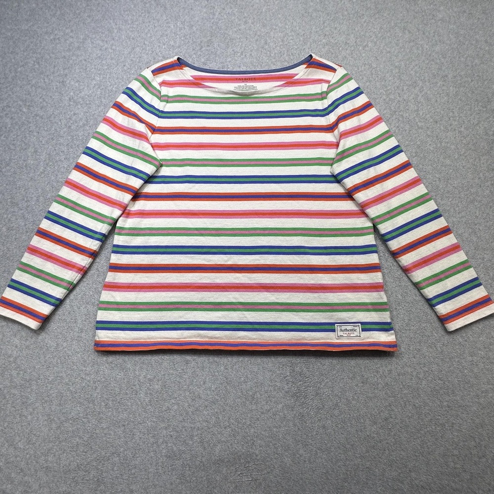 Talbots Authentic Tee Shirt Womens Petite Large Pink Blue Stripe Long Sleeve